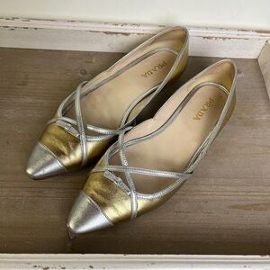 Prada Metallic Ballet Flats Gold Silver Pointed Toe Size 38 w/ Box Dustbags